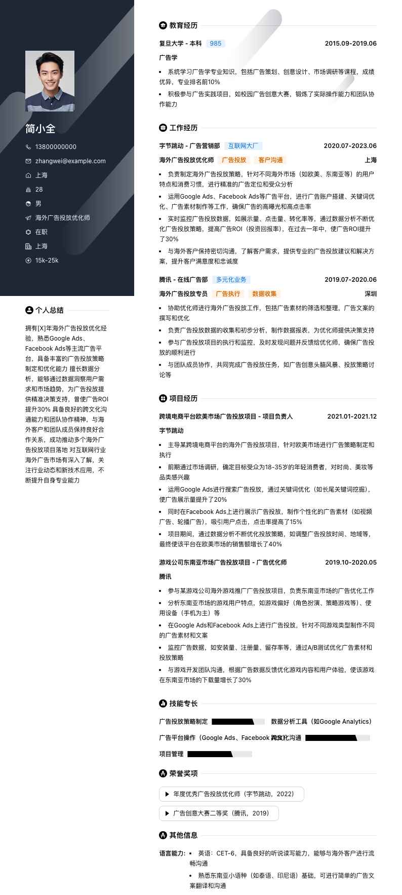 海外广告投放优化师简历模板