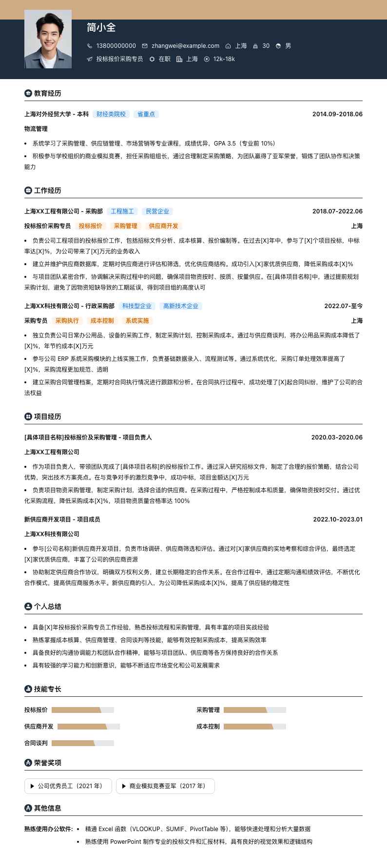 投标报价采购专员简历模板