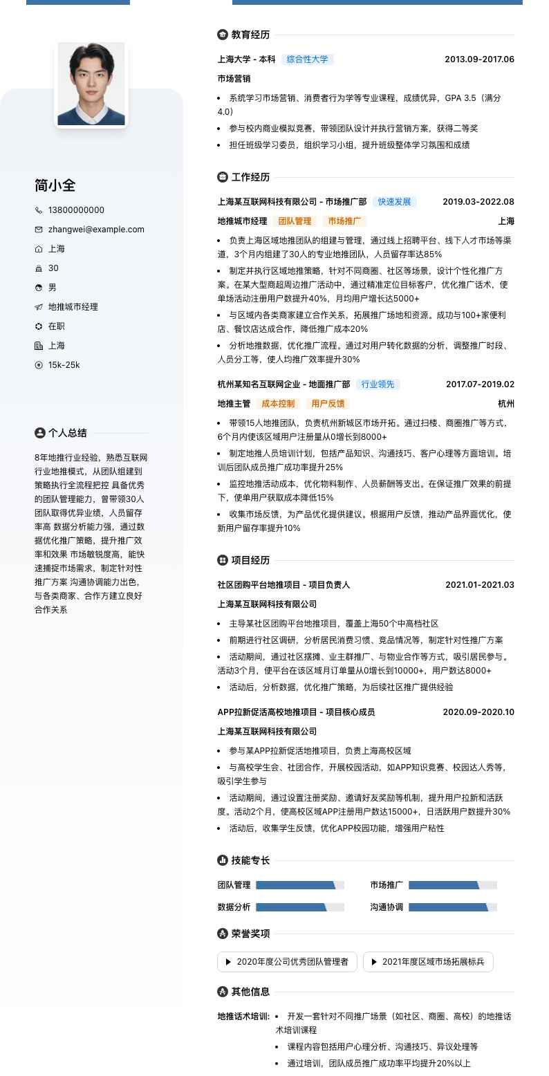 地推城市经理简历模板