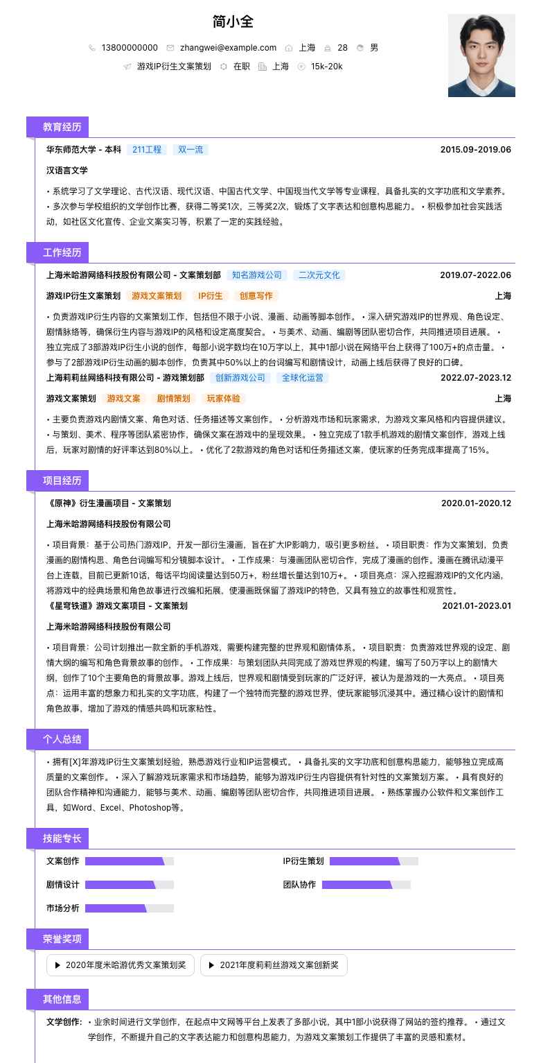 游戏IP衍生文案策划简历模板