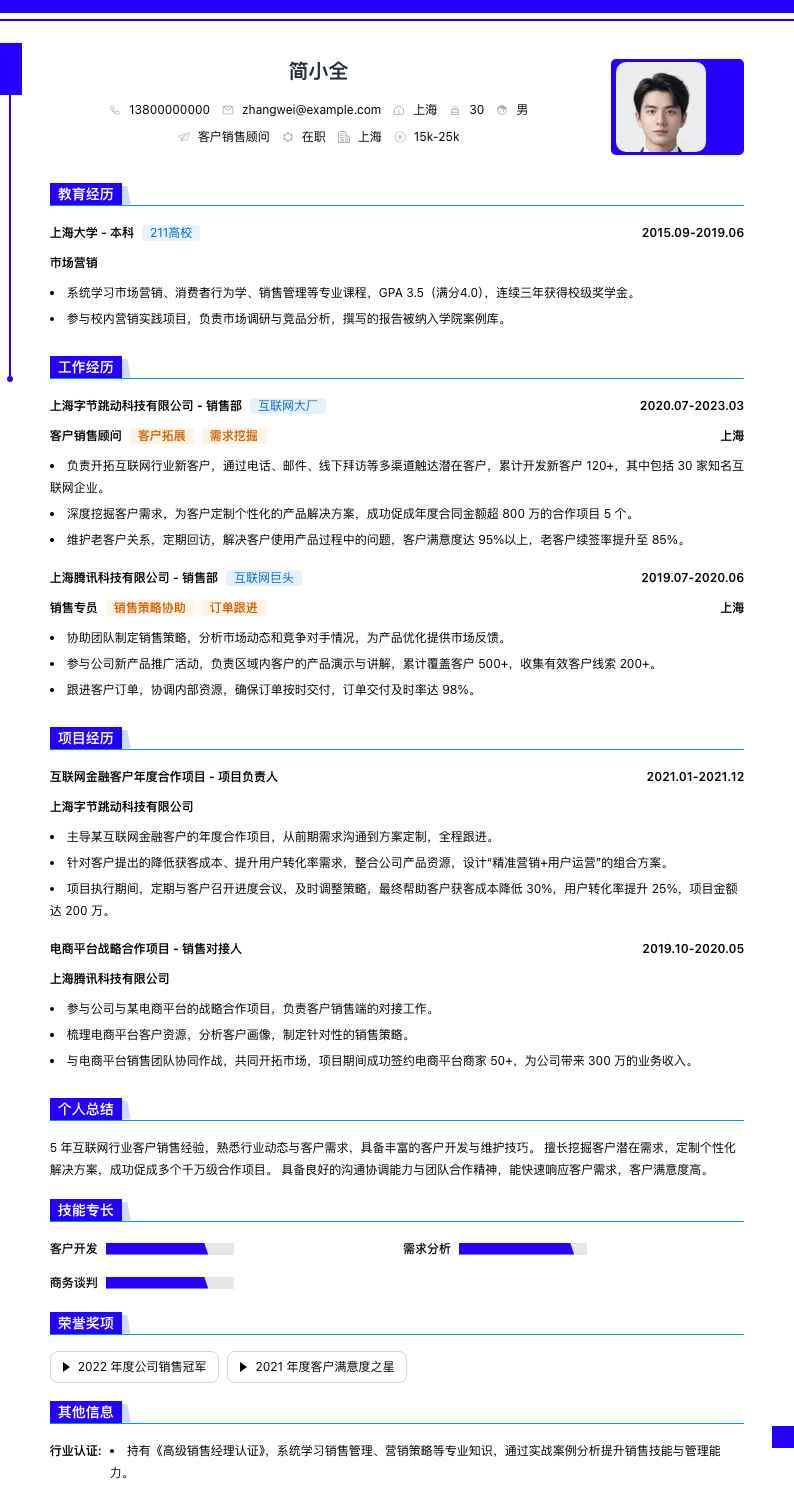 客户销售顾问简历模板