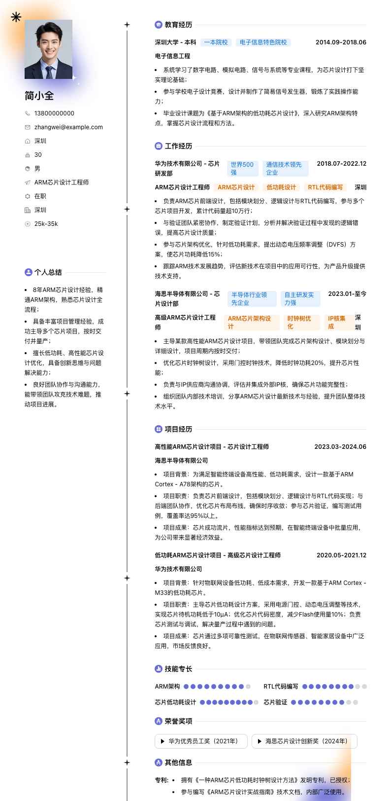 ARM芯片设计工程师简历模板