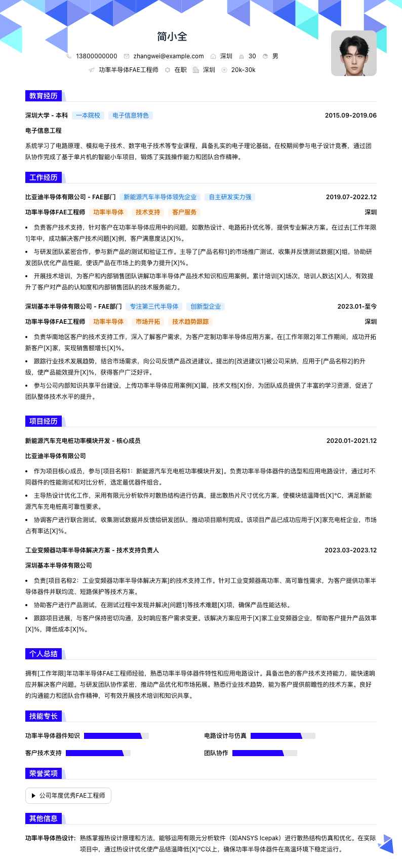 功率半导体FAE工程师简历模板