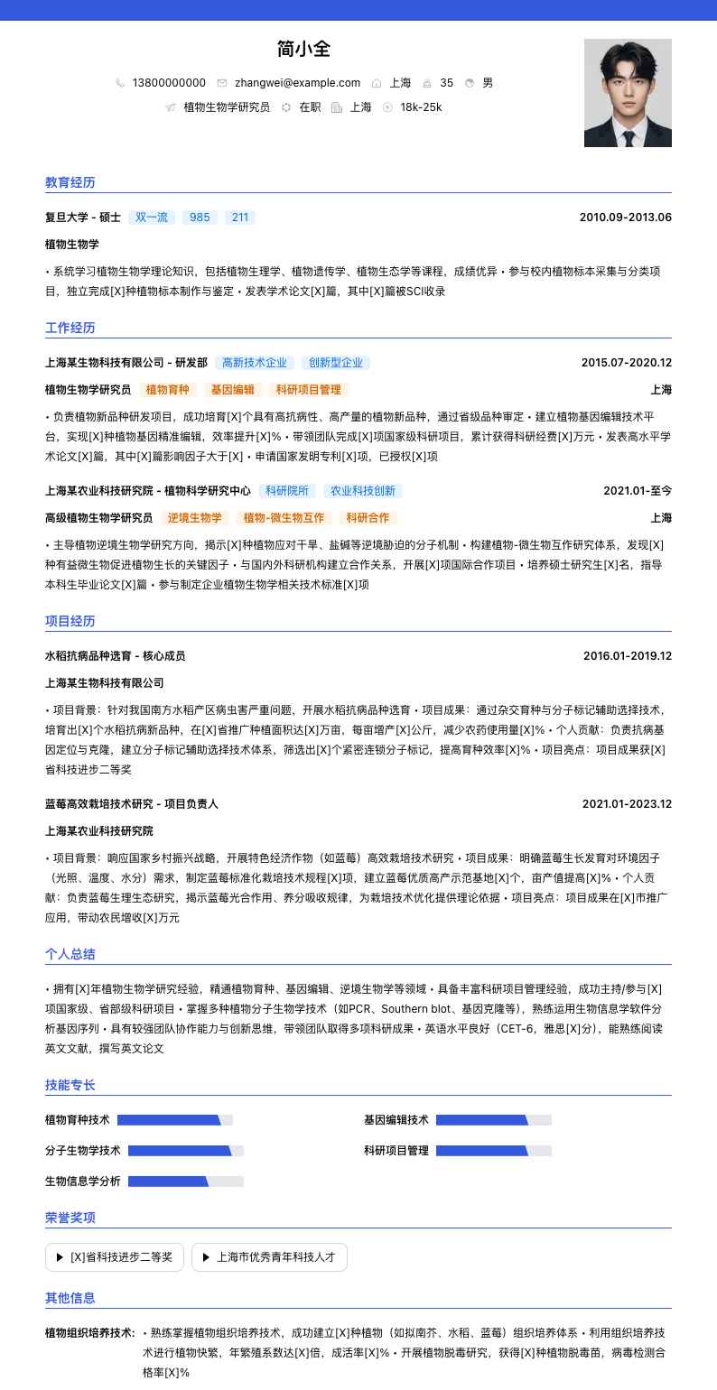 植物生物学研究员简历模板