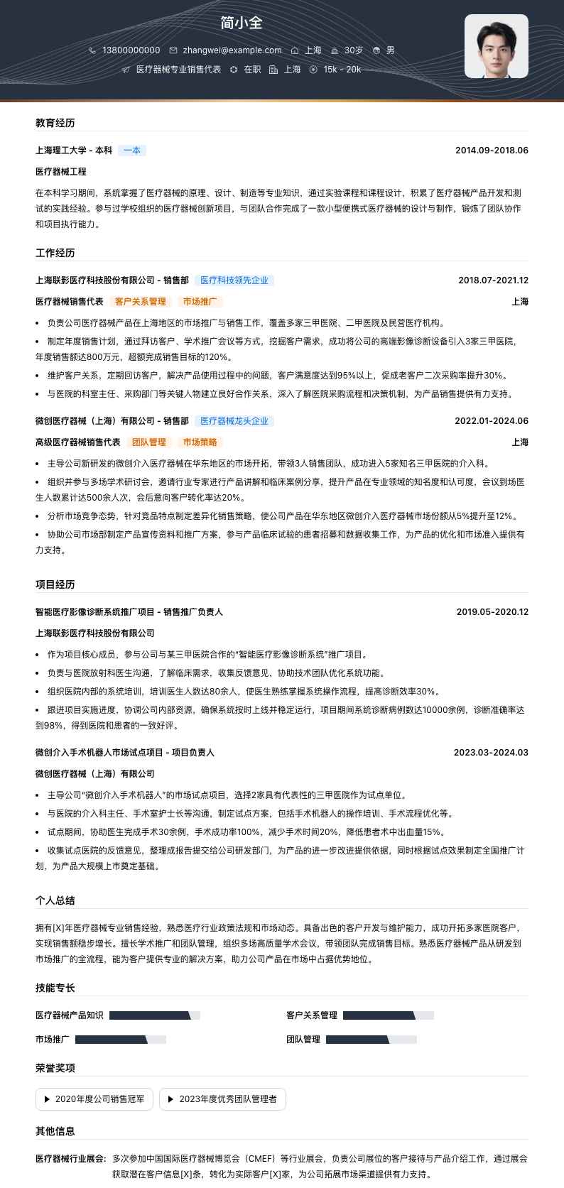 医疗器械专业销售代表简历模板