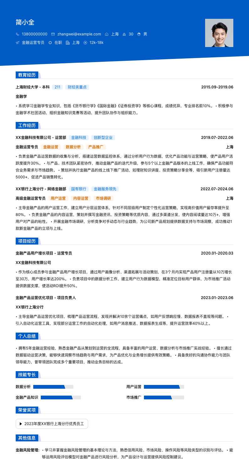 金融运营专员简历模板