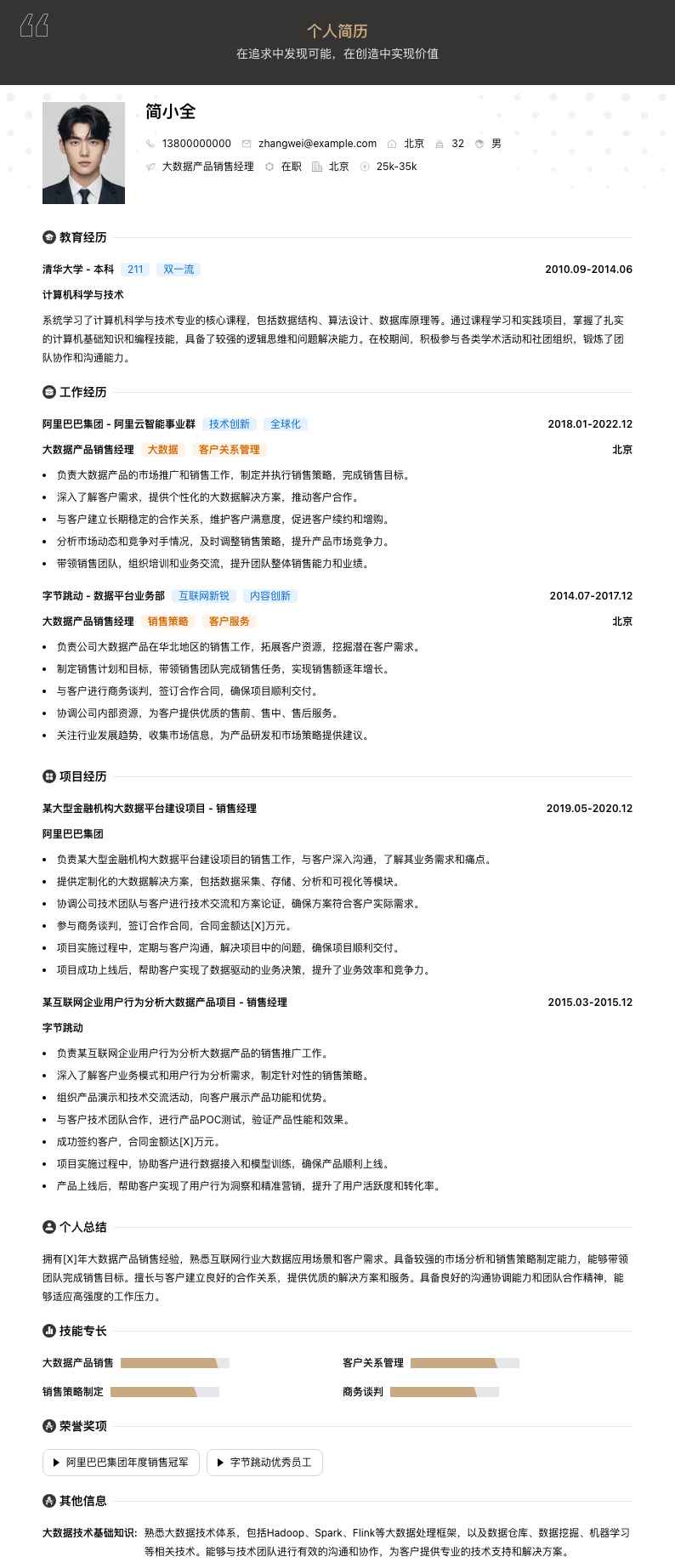 大数据产品销售经理简历模板