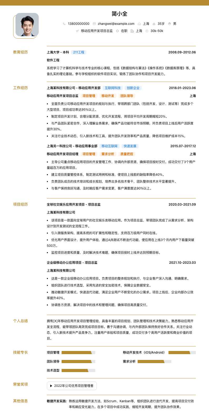 移动应用开发项目总监简历模板