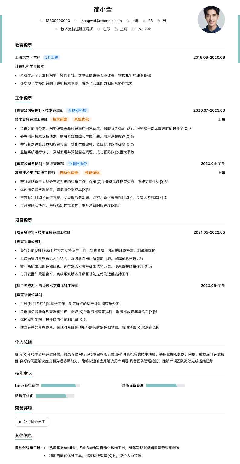技术支持运维工程师简历模板