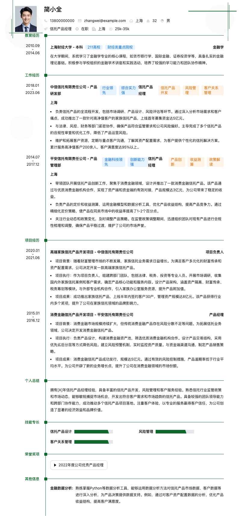 信托产品经理简历模板