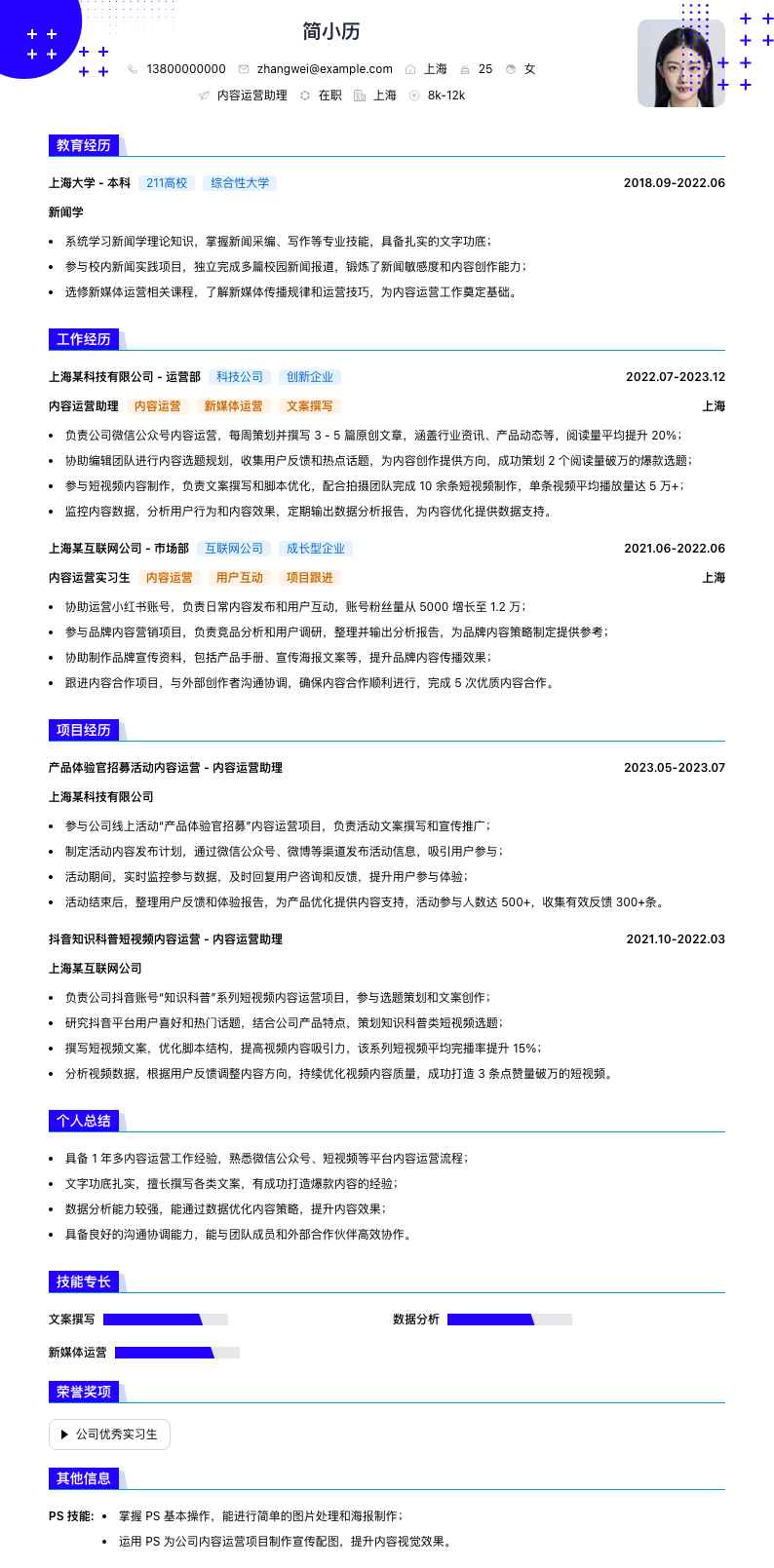 内容运营助理简历模板