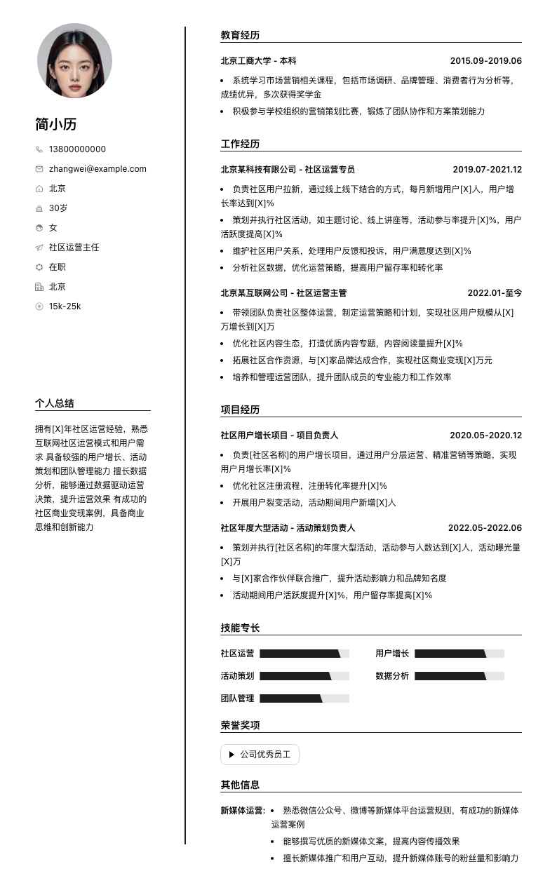 社区运营主任简历模板