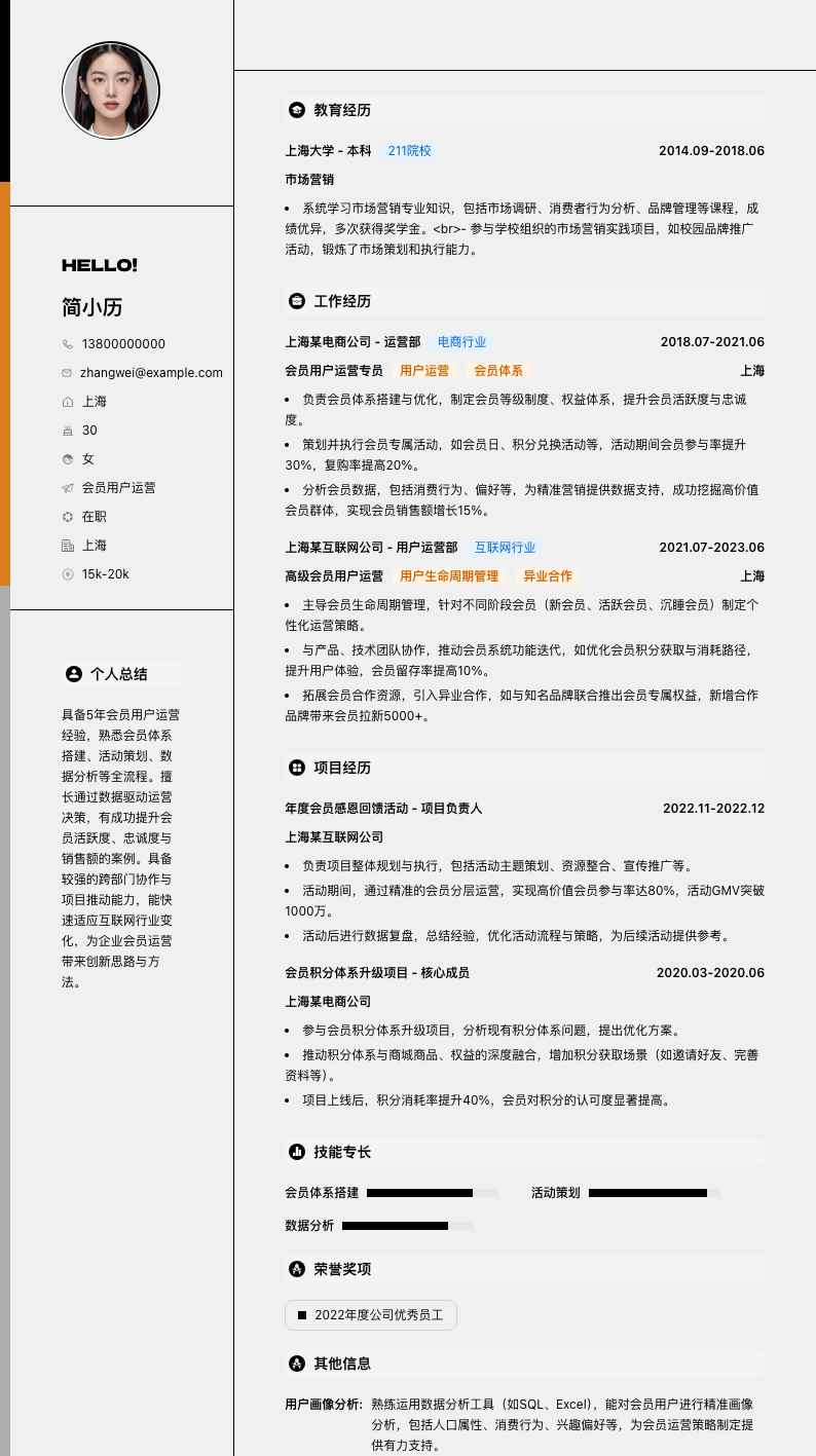 会员用户运营简历模板