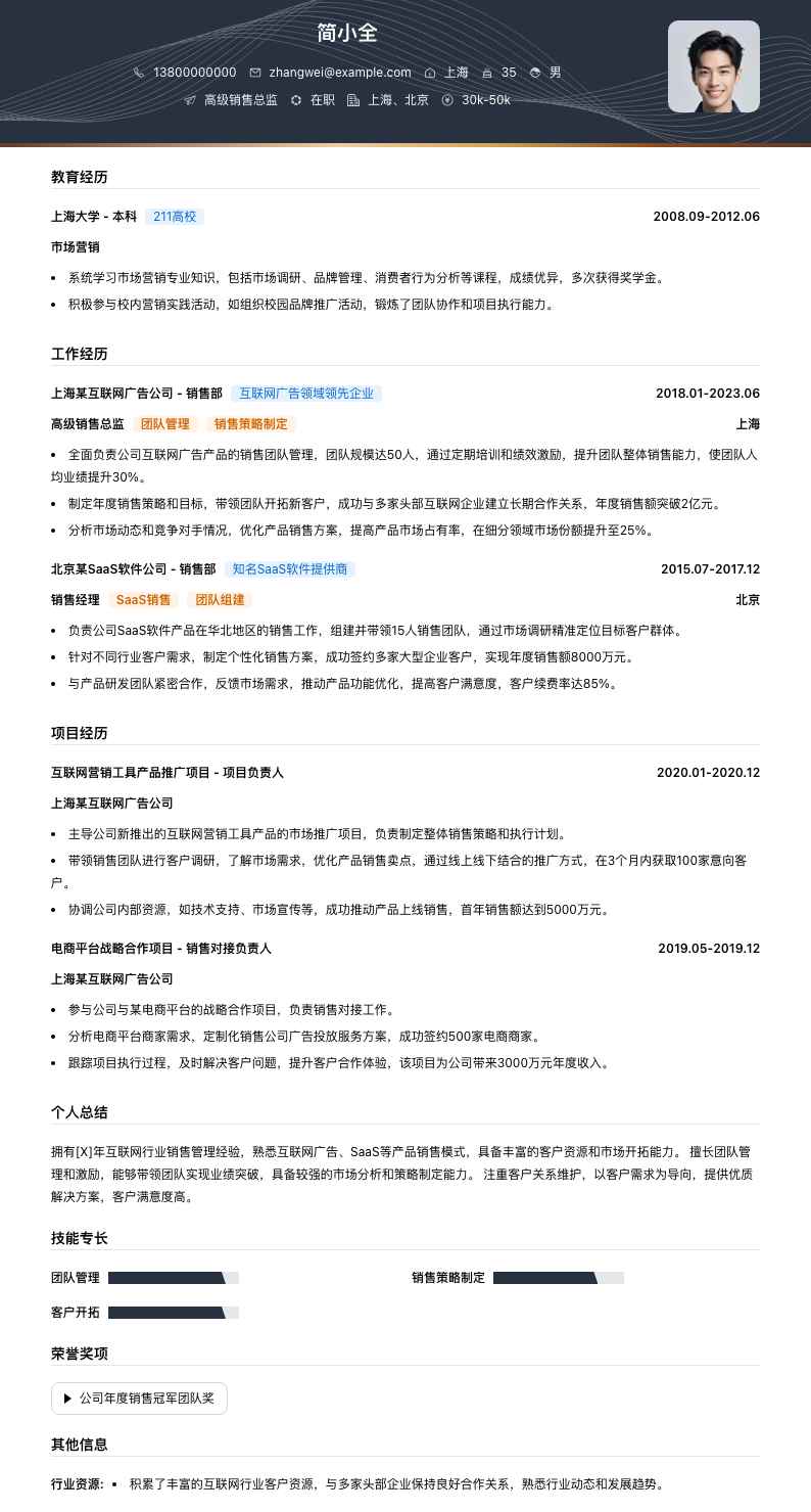 高级销售总监简历模板