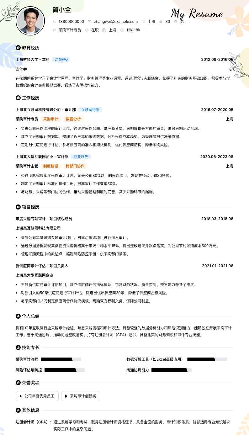 采购审计专员简历模板