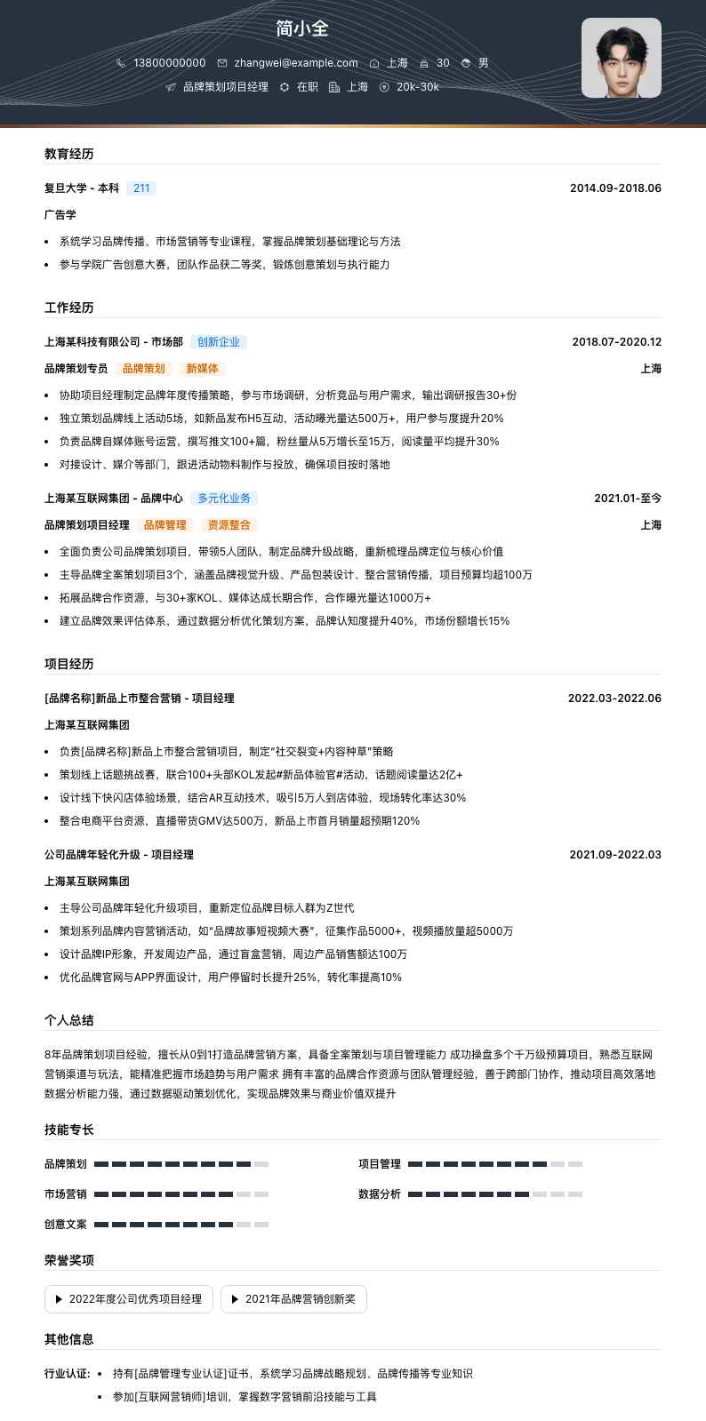 品牌策划项目经理简历模板