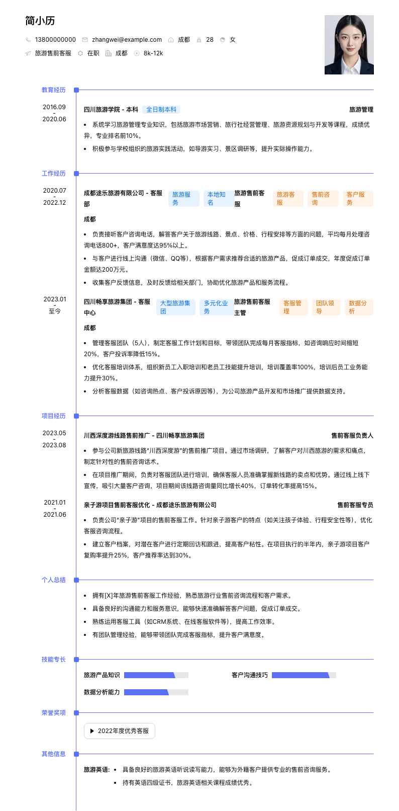 旅游售前客服简历模板