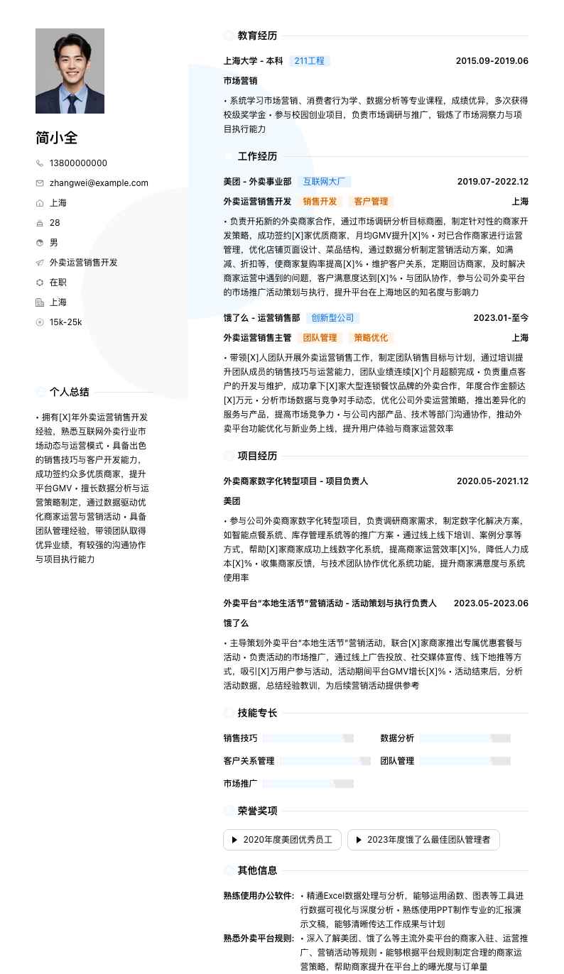 外卖运营销售简历模板