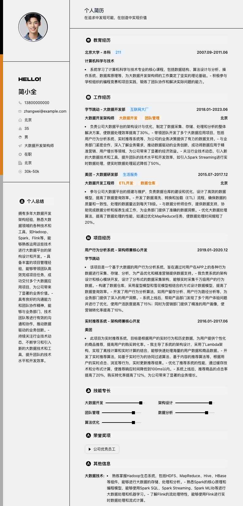 大数据开发架构师简历模板