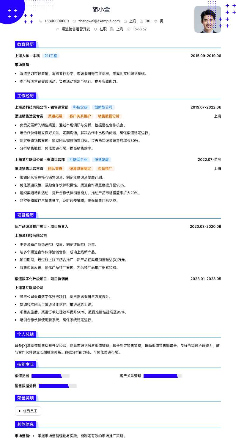 渠道销售运营简历模板