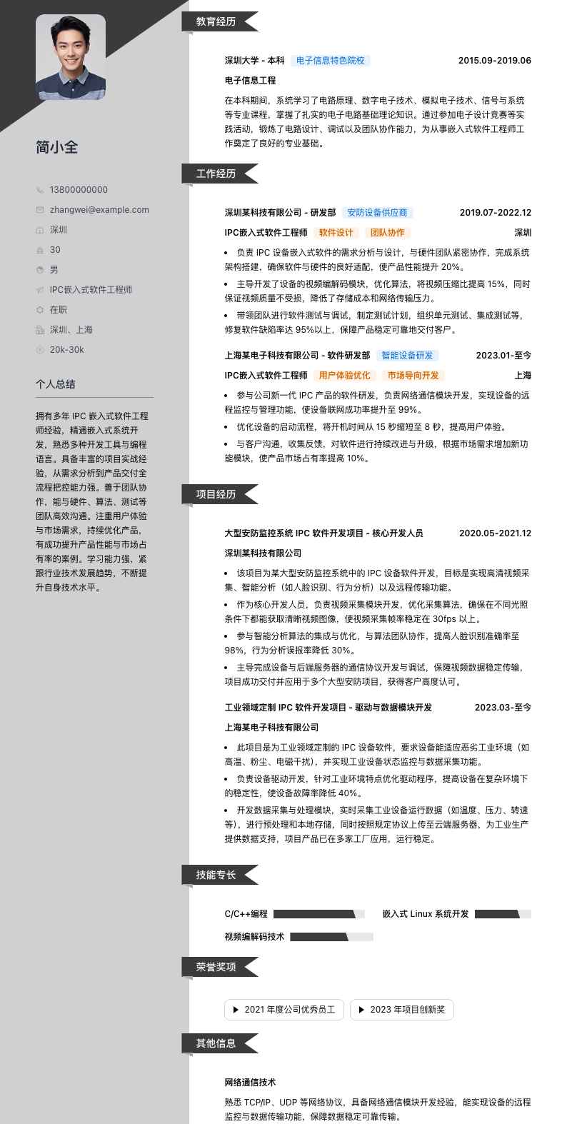 ipc嵌入式软件工程师简历模板