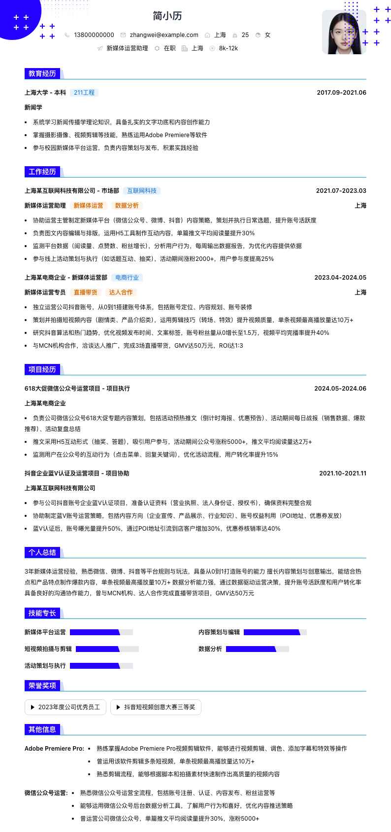 新媒体运营助理简历模板