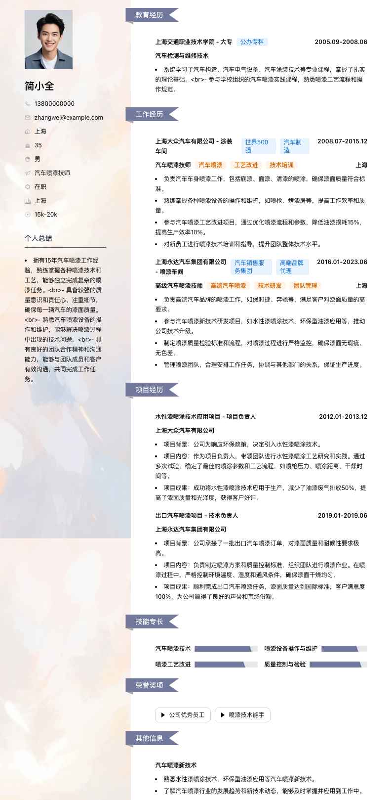 汽车喷漆技师简历模板