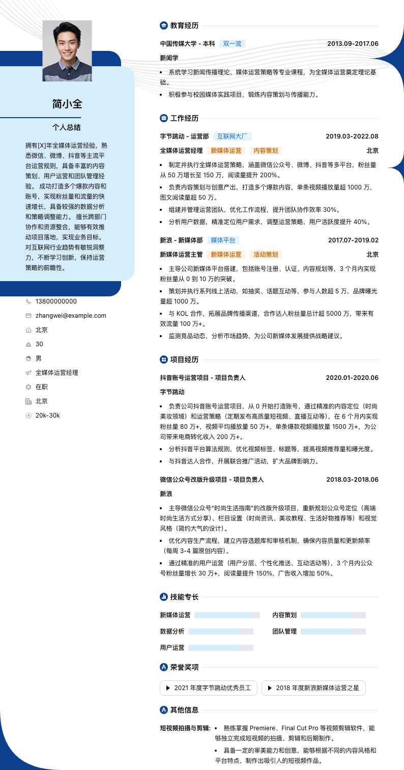 全媒体运营经理简历模板