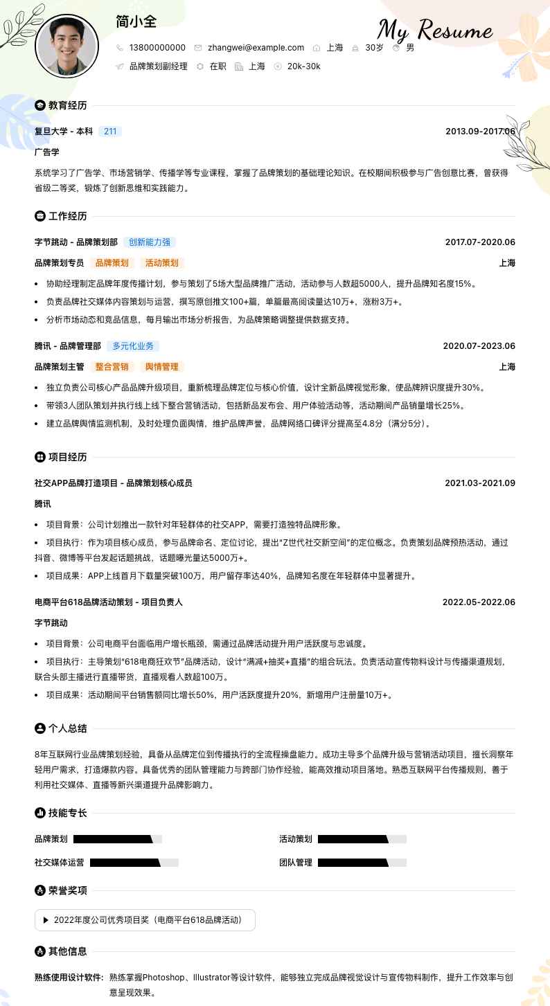 品牌策划副经理简历模板