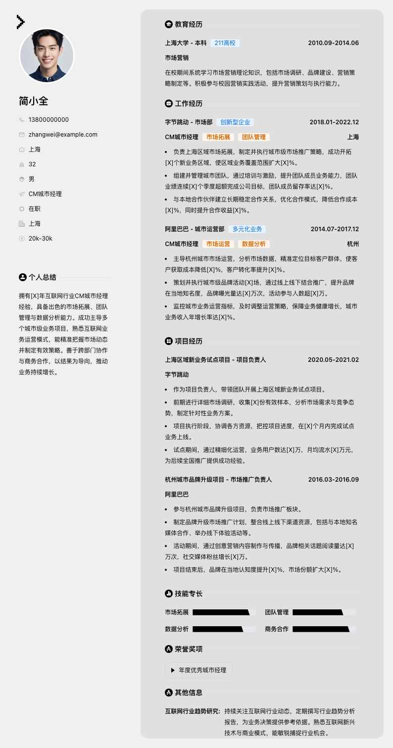 cm城市经理简历模板