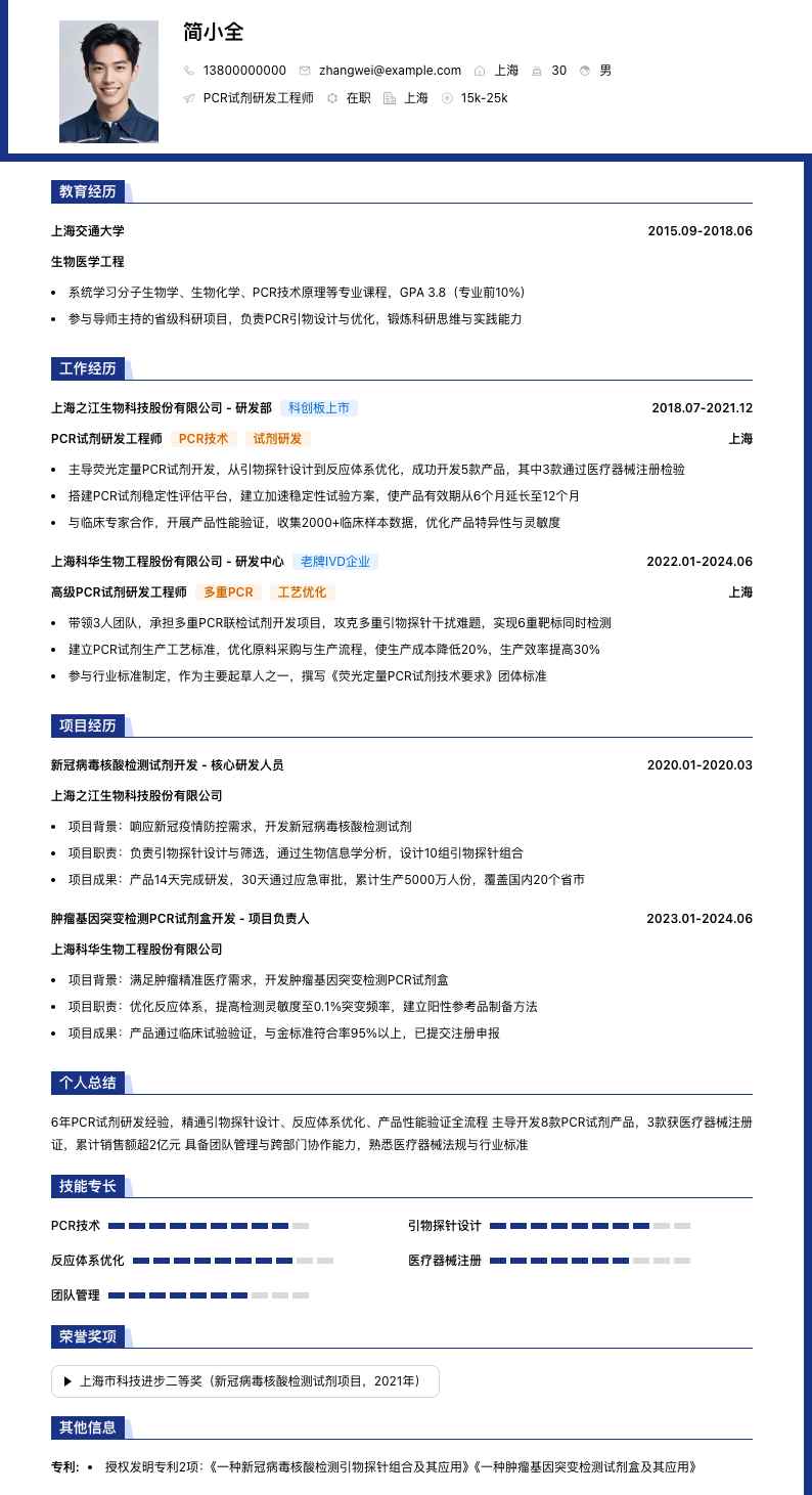 pcr试剂研发工程师简历模板