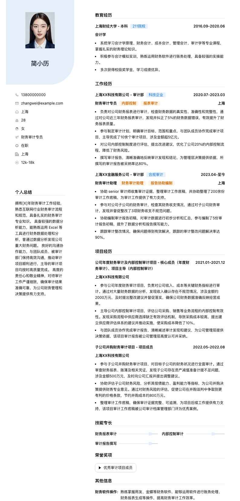 财务审计专员简历模板
