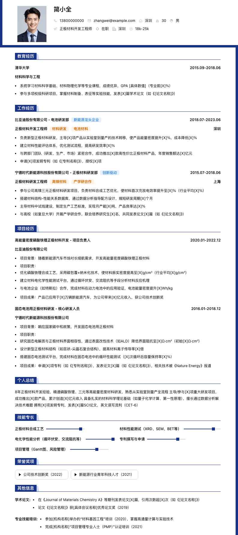 正极材料开发工程师简历模板