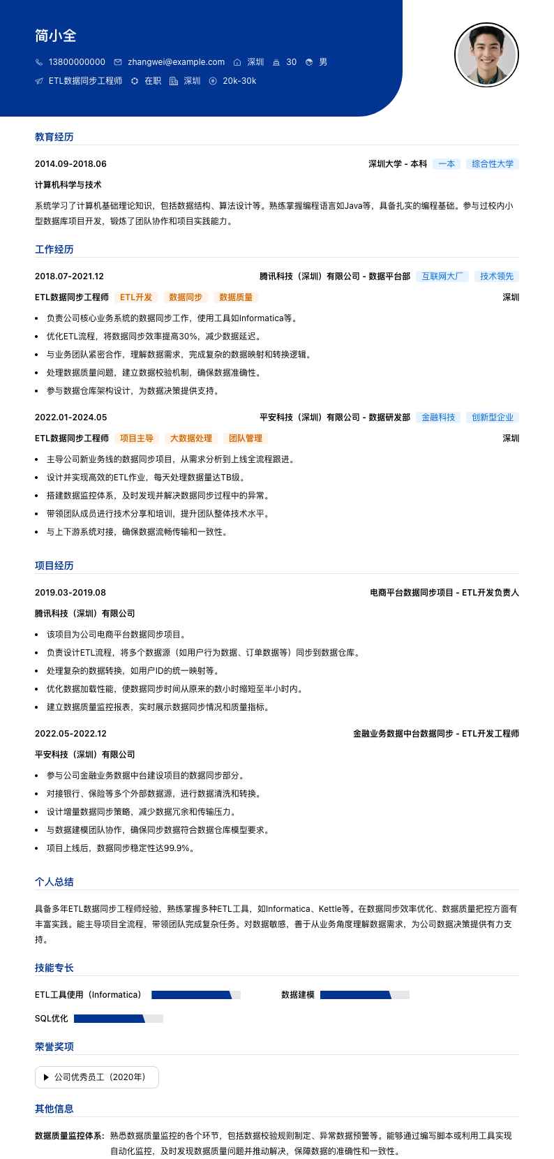 ETL数据同步工程师简历模板