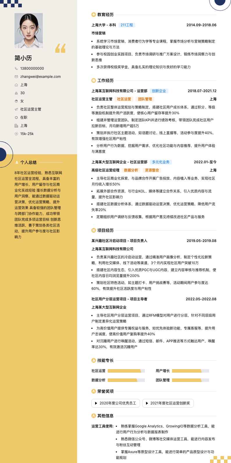 社区运营主管简历模板