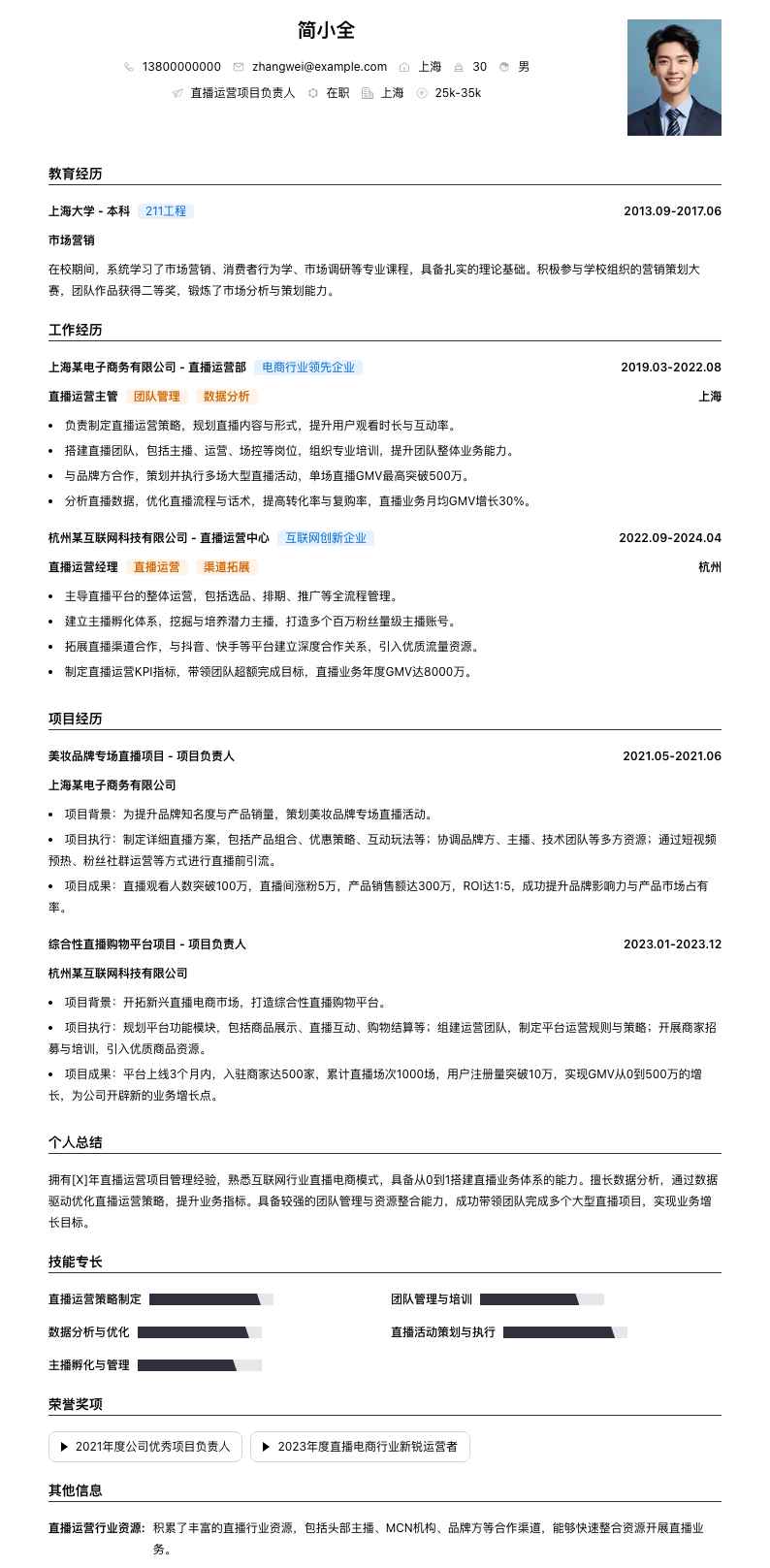 直播运营项目负责人简历模板