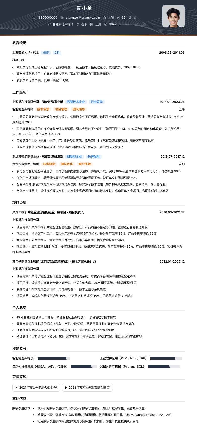 智能制造架构师简历模板