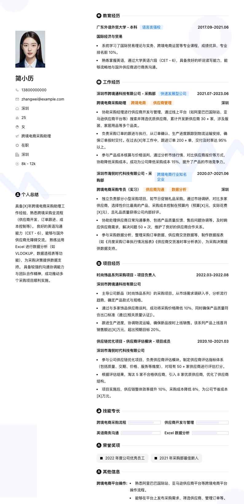 跨境电商采购助理简历模板