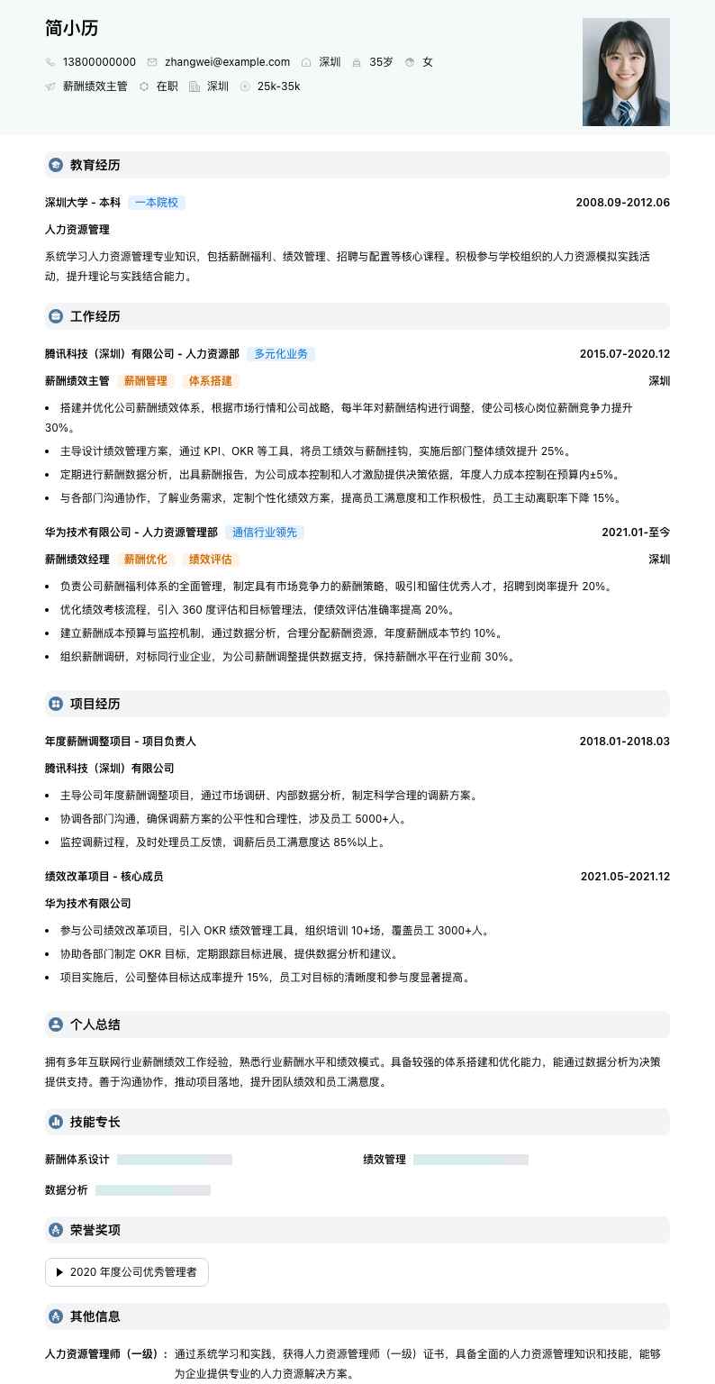 薪酬绩效主管简历模板