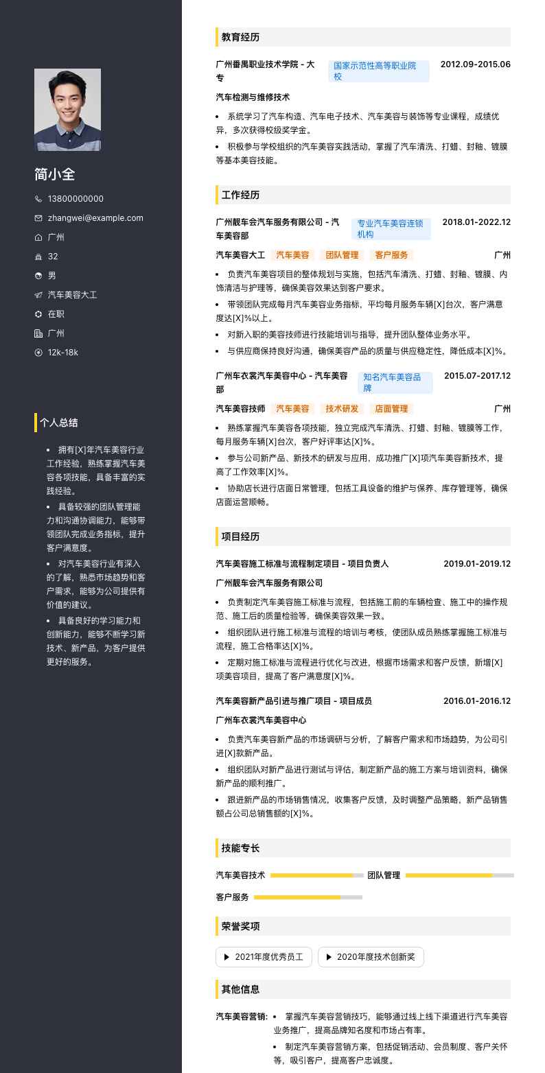 汽车美容大工简历模板