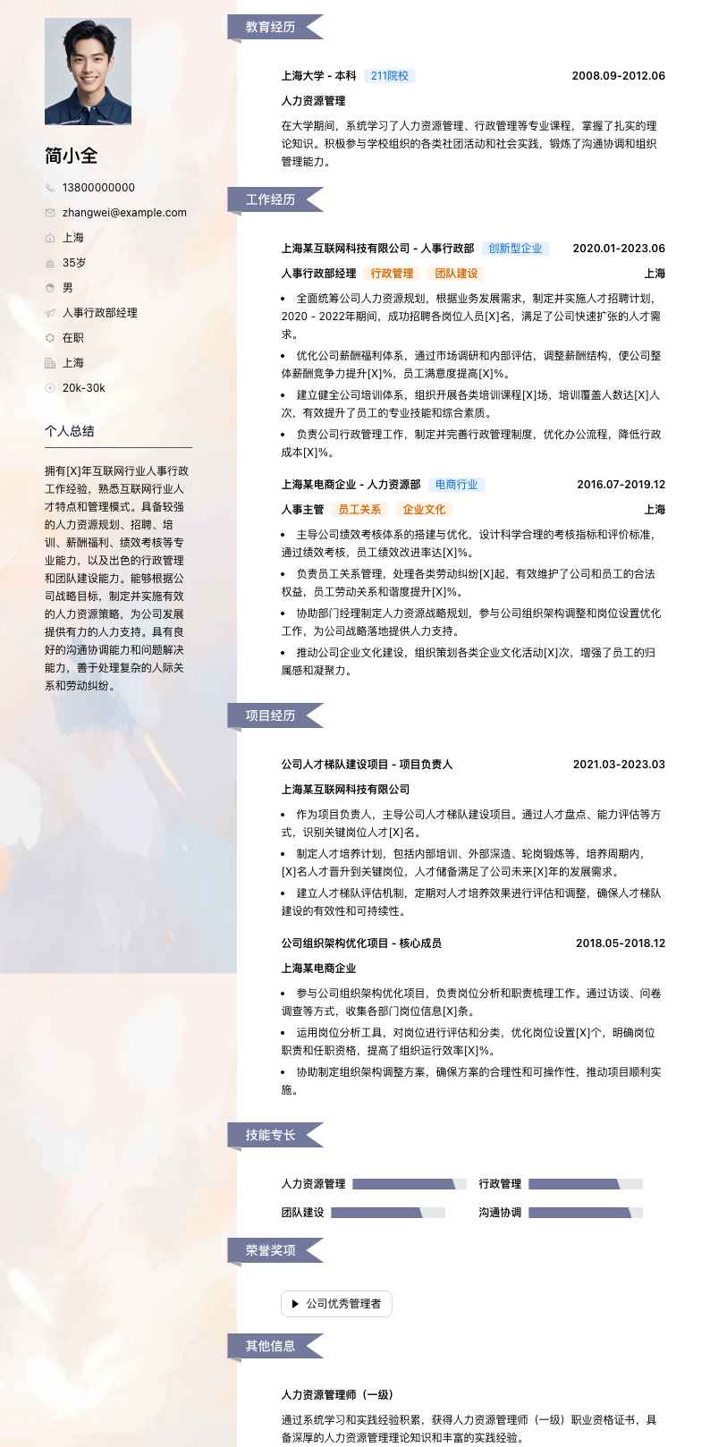 人事行政部经理简历模板