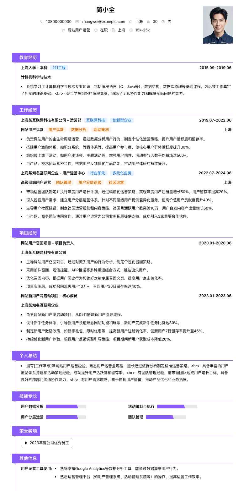 网站用户运营简历模板