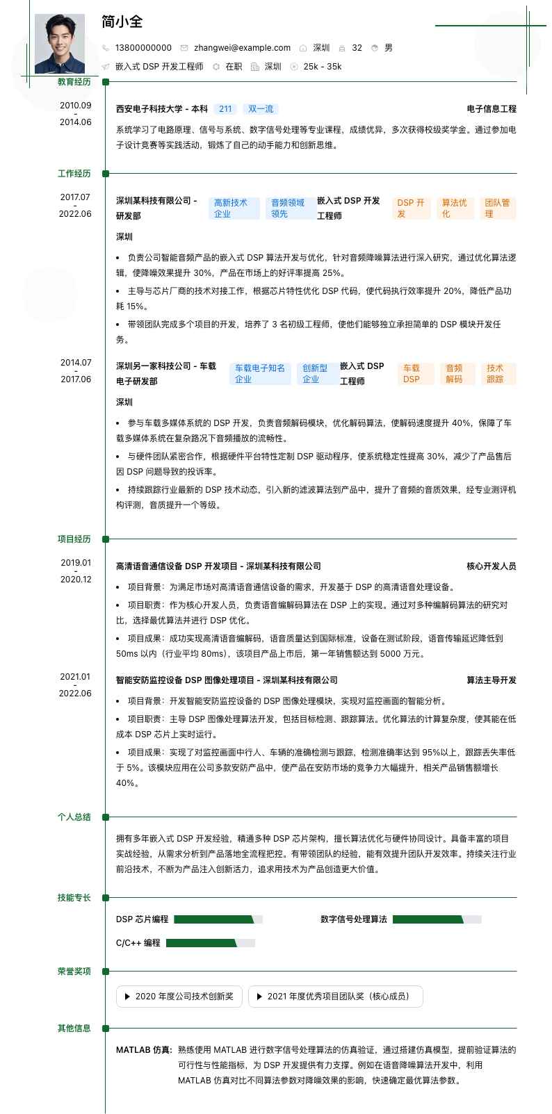 嵌入式 DSP 开发工程师简历模板