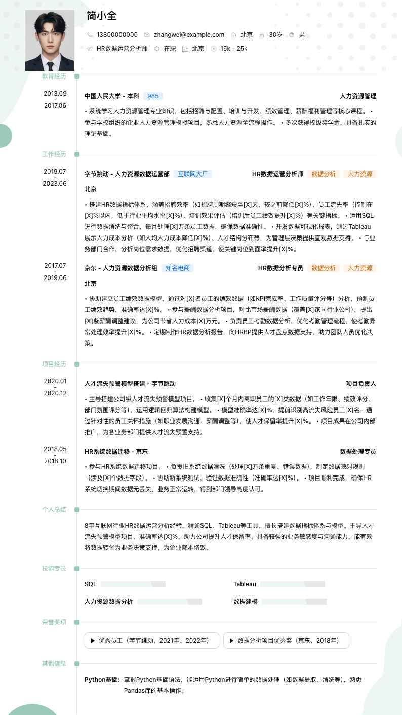 hr数据运营分析师简历模板