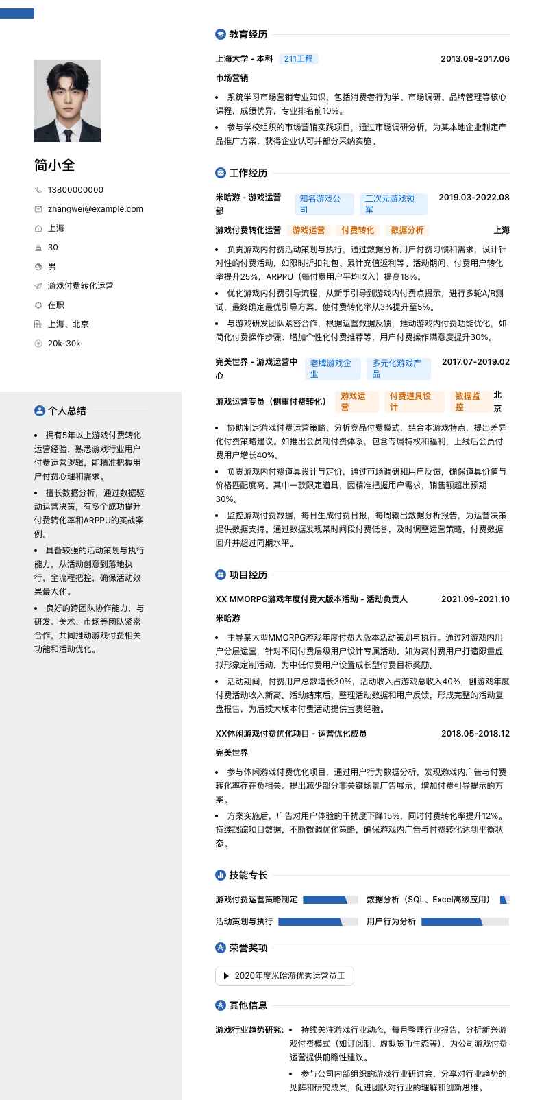 游戏付费转化运营简历模板
