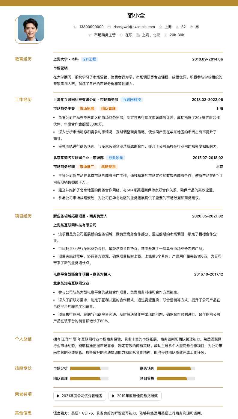 市场商务主管简历模板