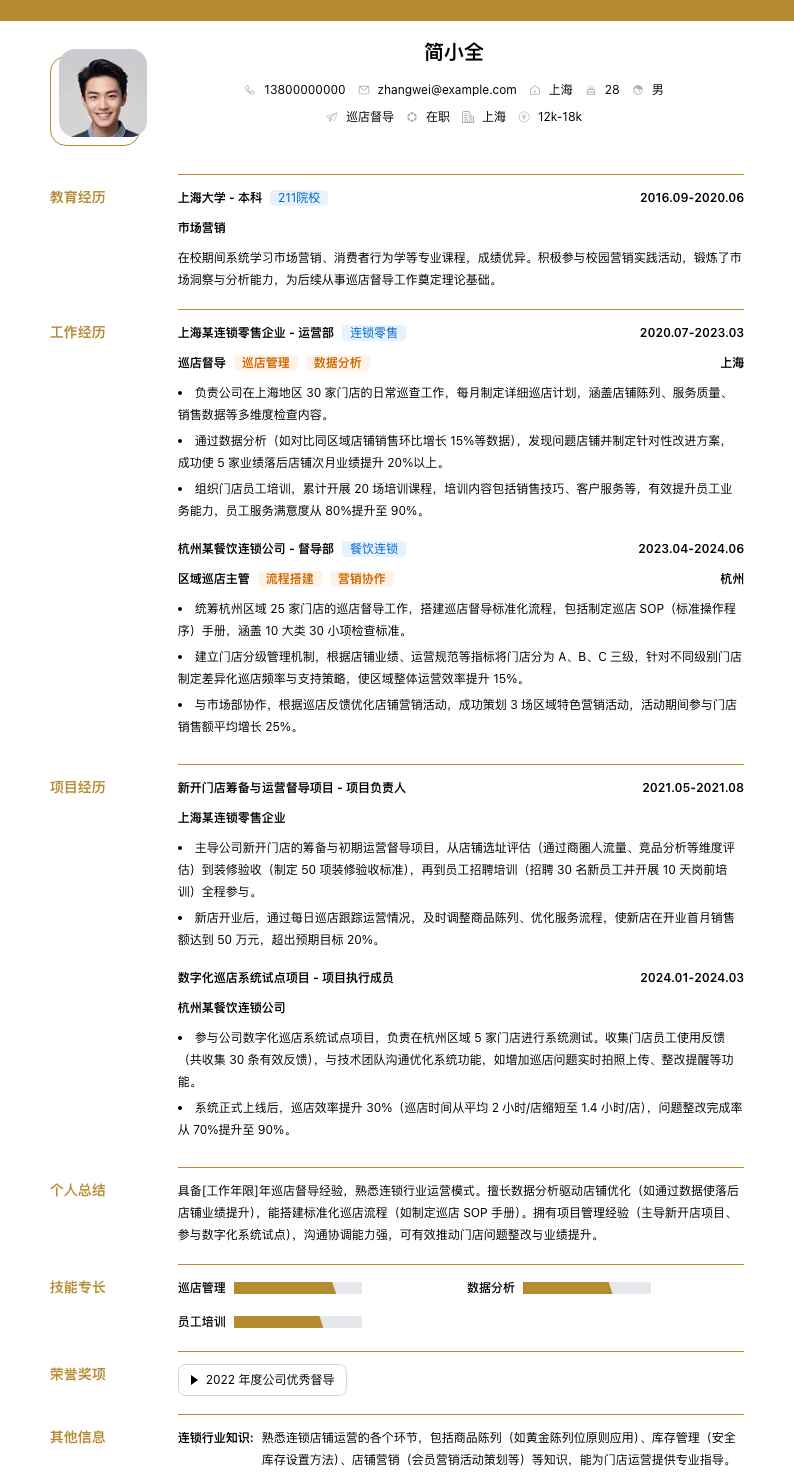 巡店督导简历模板