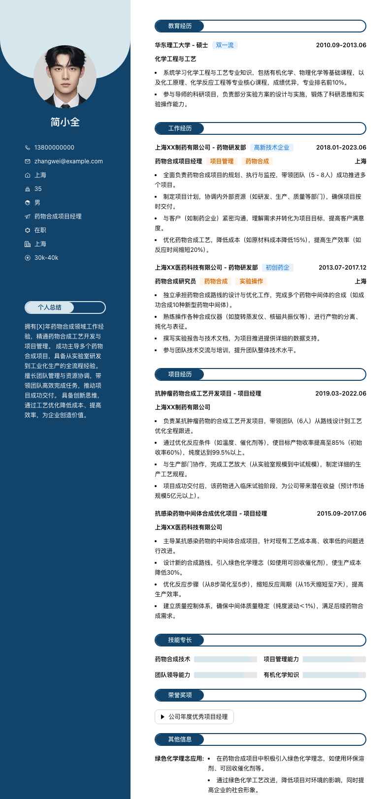 药物合成项目经理简历模板