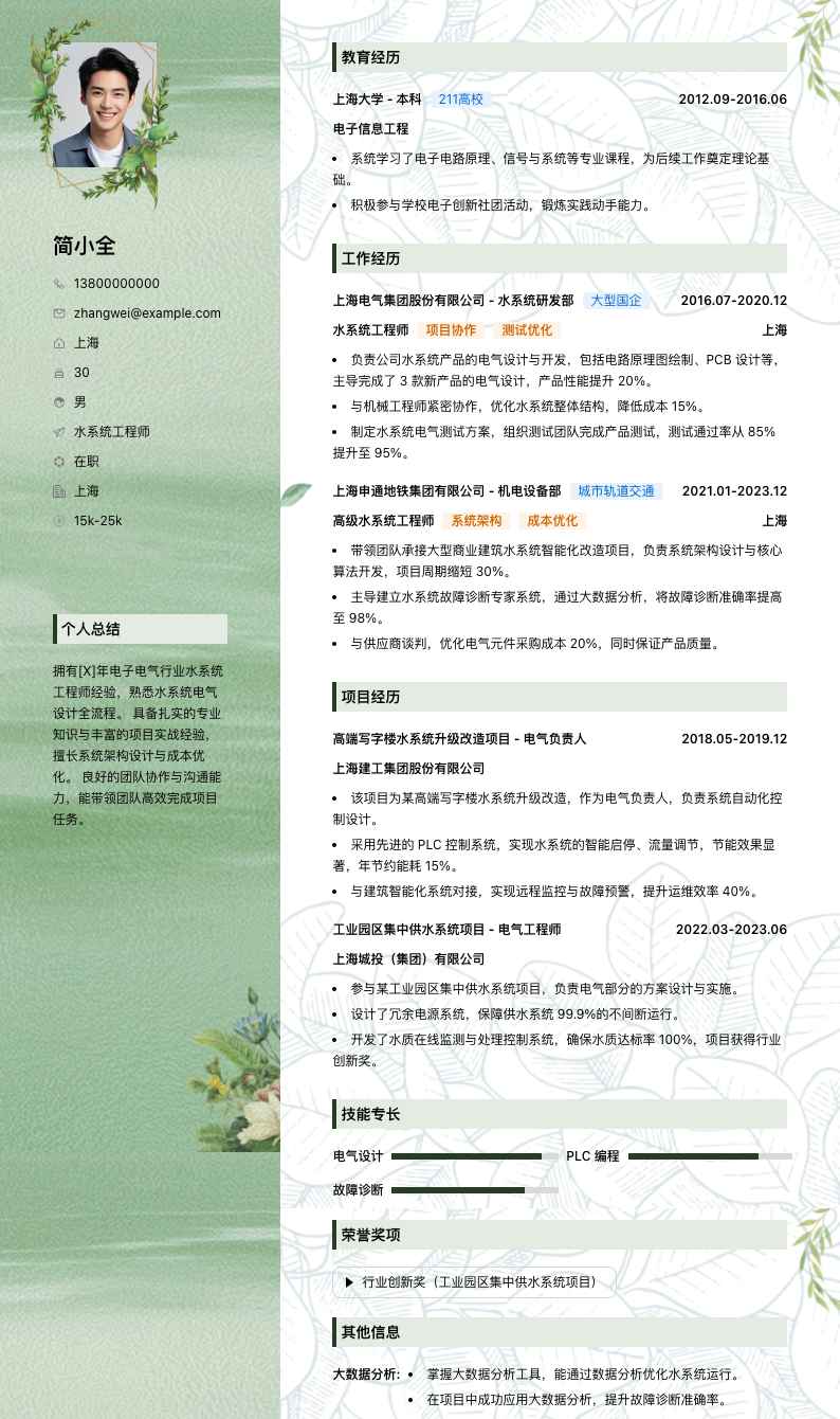 水系统工程师简历模板