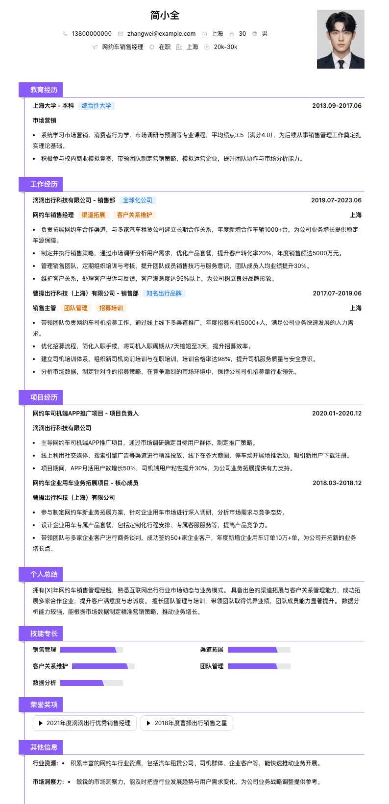 网约车销售经理简历模板